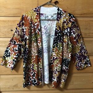 Open front 3/4 sleeve sweater cardigan floral fall colors purple / brown LARGE
